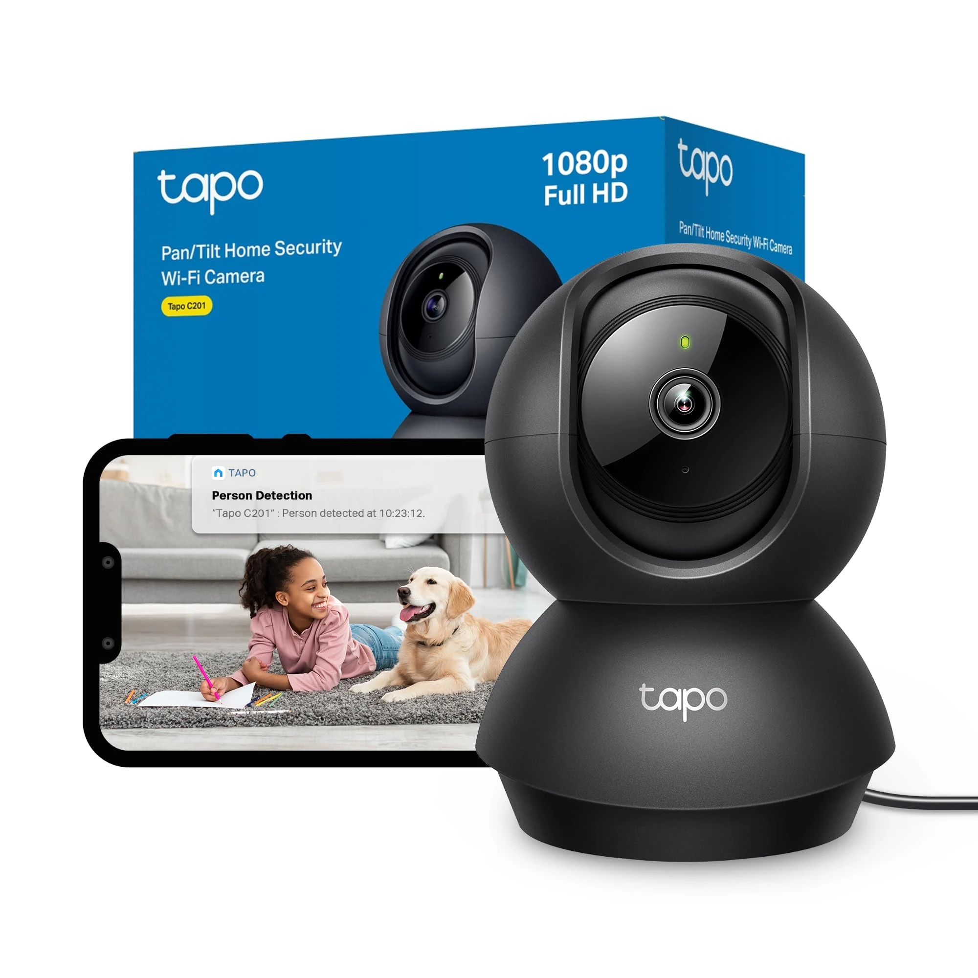Tapo C201 Pan/Tilt Indoor Camera House Security Camera, WiFi Camera, No Monthly Fee, AI Detection, Dog Camera, Baby Camera Monitor, 1080p Full HD, 360° View, Night Vision, Works with Alexa & Google