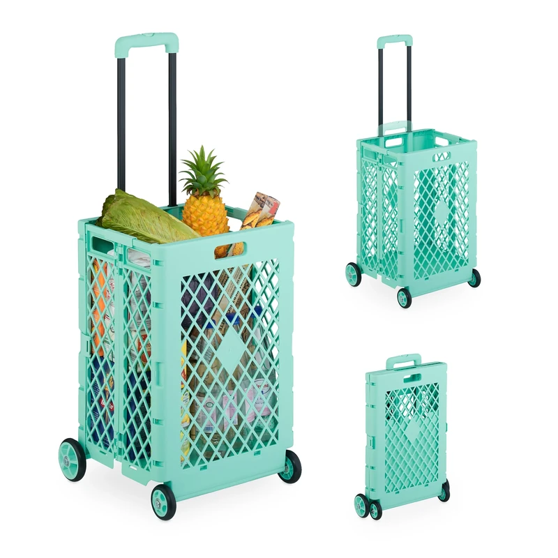 Relaxdays Foldable Shopping Trolley, Collapsible Basket on Wheels, 25 kg Capacity, Telescopic Handle, Mesh, Turquoise