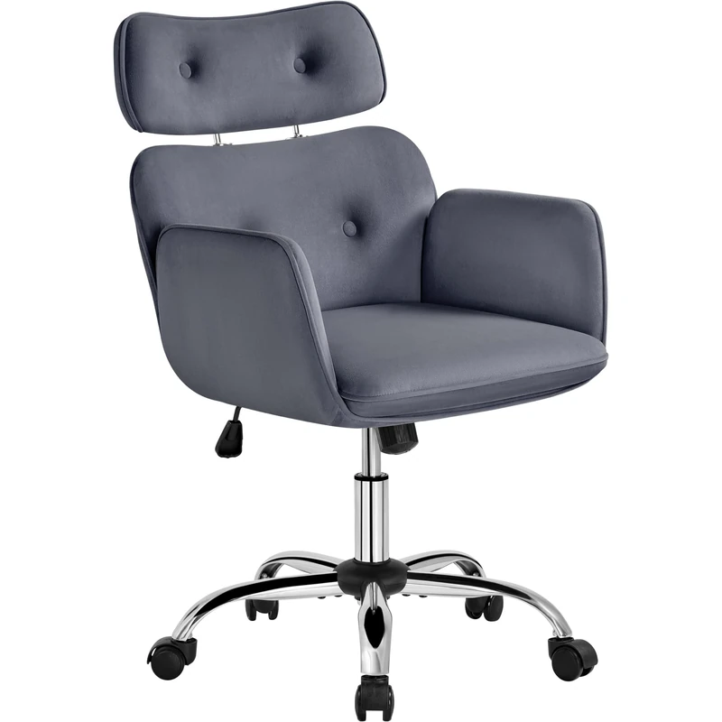 Yaheetech Velvet Vanity Swivel Chair with Headrest, Ergonomic Rolling Makeup Chair w/Lumbar Support for Bedroom, Study, Office, Dark Gray