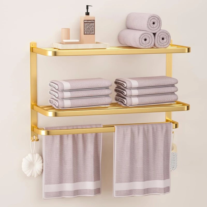 DDS-DUDES 3-Tier Gold Towel Racks for Bathroom with Multilayer Hotel Towel Shelf Stainless Steel Wall-Mounted Brushed Finish Holder with Shelves 23 Inches