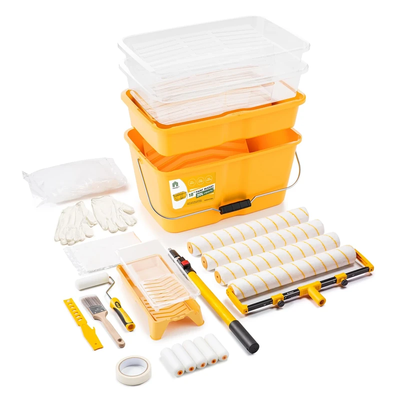 VOOMEY 28 Piece 18 Inch Paint Roller Set, Paint Bucket, 18 Inch Paint Tray, 4 Inch Foam Paint Roller with 40 Inch Extension Pole, Ideal for Fast Large Area Painting Space and Small Area Detail