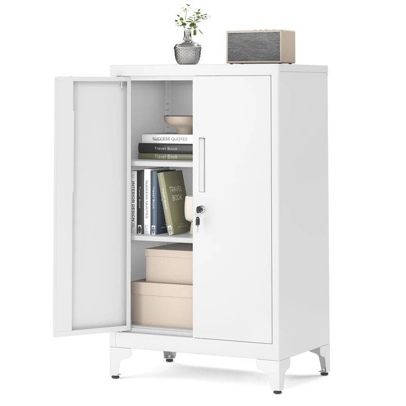 SONGMICS Office Cabinet, Multi-Purpose Cabinet, 2 Doors, Lockable, Steel, for Living Room, Matt White OMC012W01 - Image 1