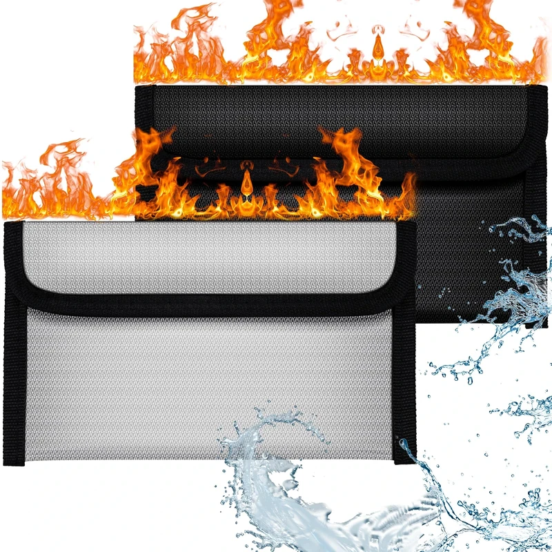 OFFCUP Fireproof Document Bag, 2pcs 8x4.6 Inches Money Fireproof Bag, Solid Silicone Coated Waterproof and Fireproof Safe Storage Bag with Zipper for Cash, File, Passport, Valuables Box (Black+Grey)
