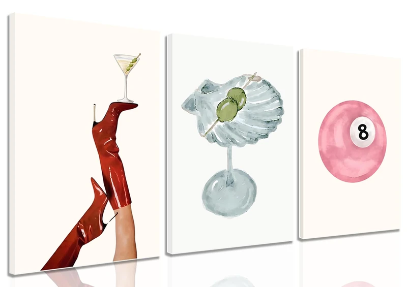 Framed Funky Martini Posters Wall Art Set of 3, Vintage Preppy Aesthetic Canvas Prints, Trendy Pink Number 8 Y2K Girl Room Wall Decor Paintings for Dorm Living Room Dining Room Kitchen 16x24 Inch