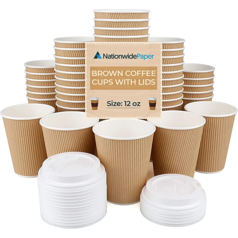 Nationwide Paper 12oz Kraft Ripple Paper Cups with PS Plastic Lids – Insulated Brown Paper Cups with 3 Ply Construction – 100% Compostable Recyclable – for Tea, Coffee, and Hot Drinks – 400 Pack