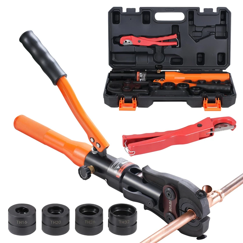 VEVOR Hydraulic Crimping Tool for Copper Pipe Fittings, Pressing Pliers with Th16, TH20, TH26, TH32, 360° Swivel Press Kit Hydraulically Operated Tee Fittings