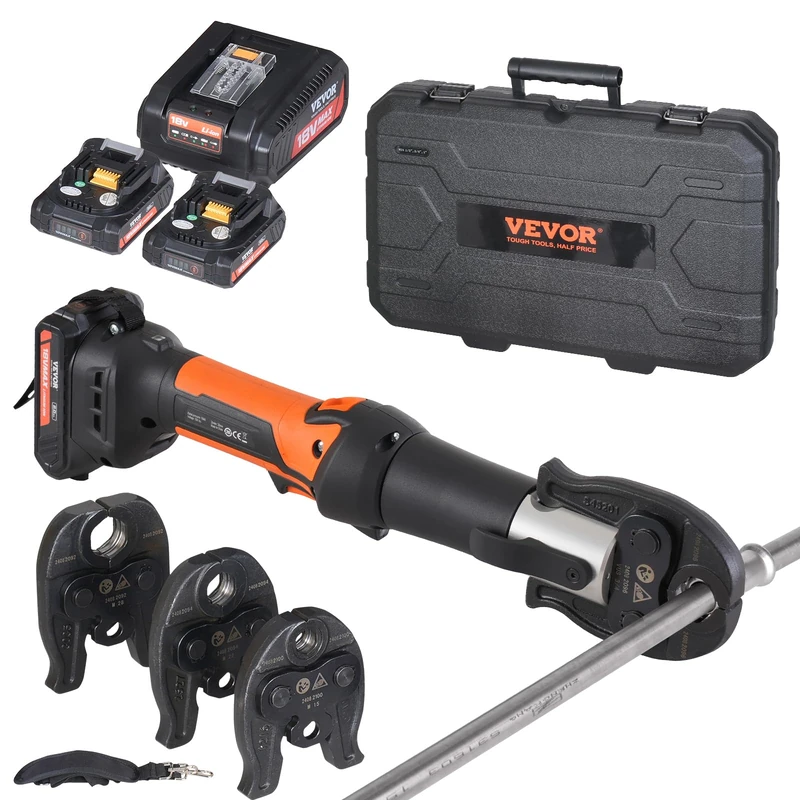 VEVOR Tool Kit for Pressing and Battery, Electric Tool for Crimping Tubes with Jaws V15, V22, V28, Pressing with 2 Batteries 20 V 2.0 Ah, Quick Charger and Carrying Case