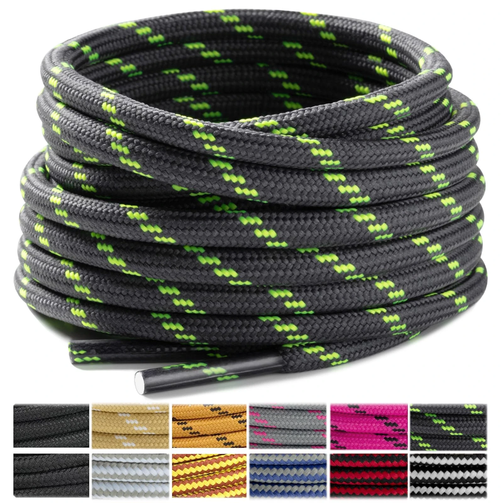 Stepace Round Shoelaces [2 Pairs] Heavy Duty Boot Shoe Laces for Hiking Work Boots Dark Gray Green -140(Dots)