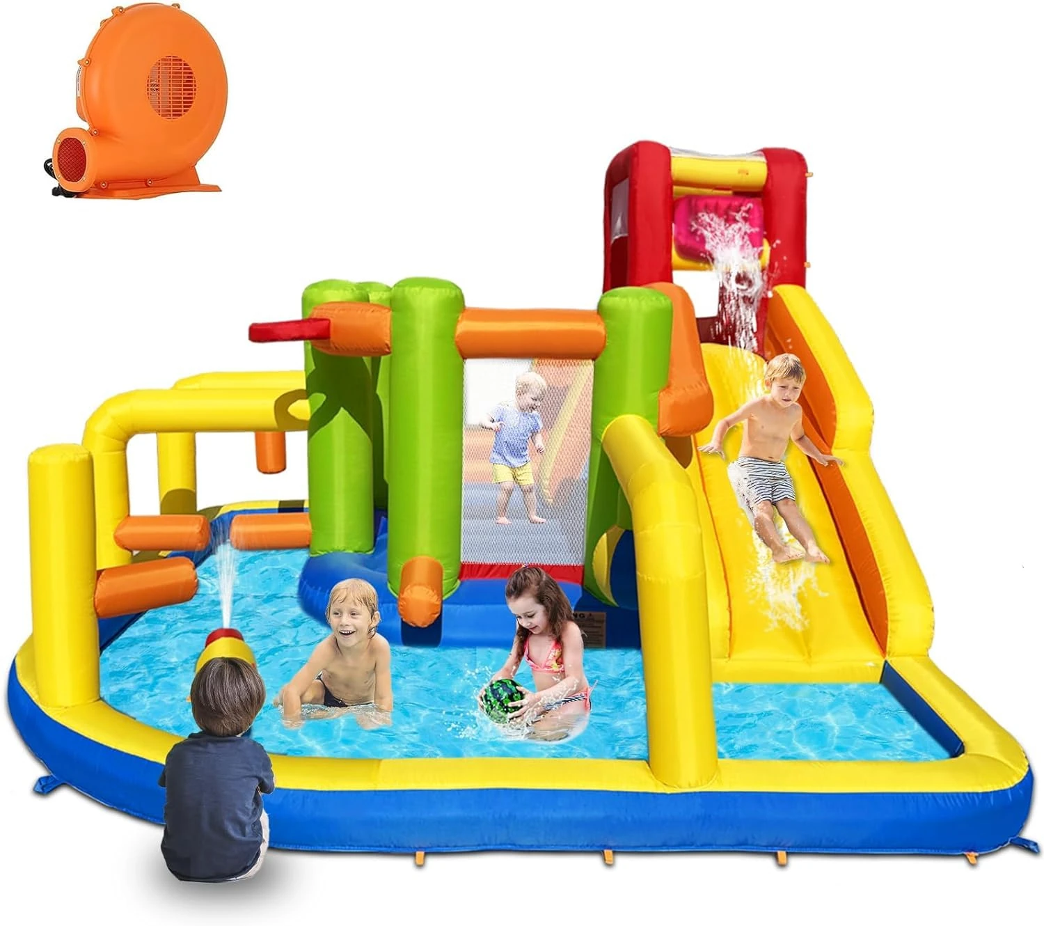 Baralir Bouncy Castle with Blower, Inflatable Water Slide with Obstacles, Dump Bucket, Long Slide, Climbing Wall, Water Cannon for Kids Indoor Outdoor