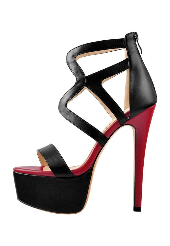 blingqueen Sexy 6 Inch Heel for Women Red Heel Sandals Pole Dancing Shoes Women's Heeled Sandals Ankle Strappy Sandals Stiletto High Platform Sandals with Zipper PU Leather Club Date Dress UK 12