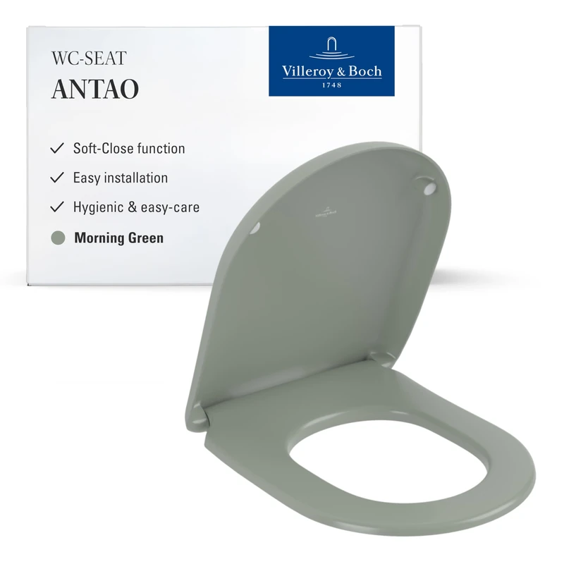 Villeroy & Boch Antao Toilet Seat with Soft-Close Mechanism, Removable Toilet Seat Made of Shatterproof Duroplast, Toilet Lid Original Replacement Part, Oval, Morning Green, Matte
