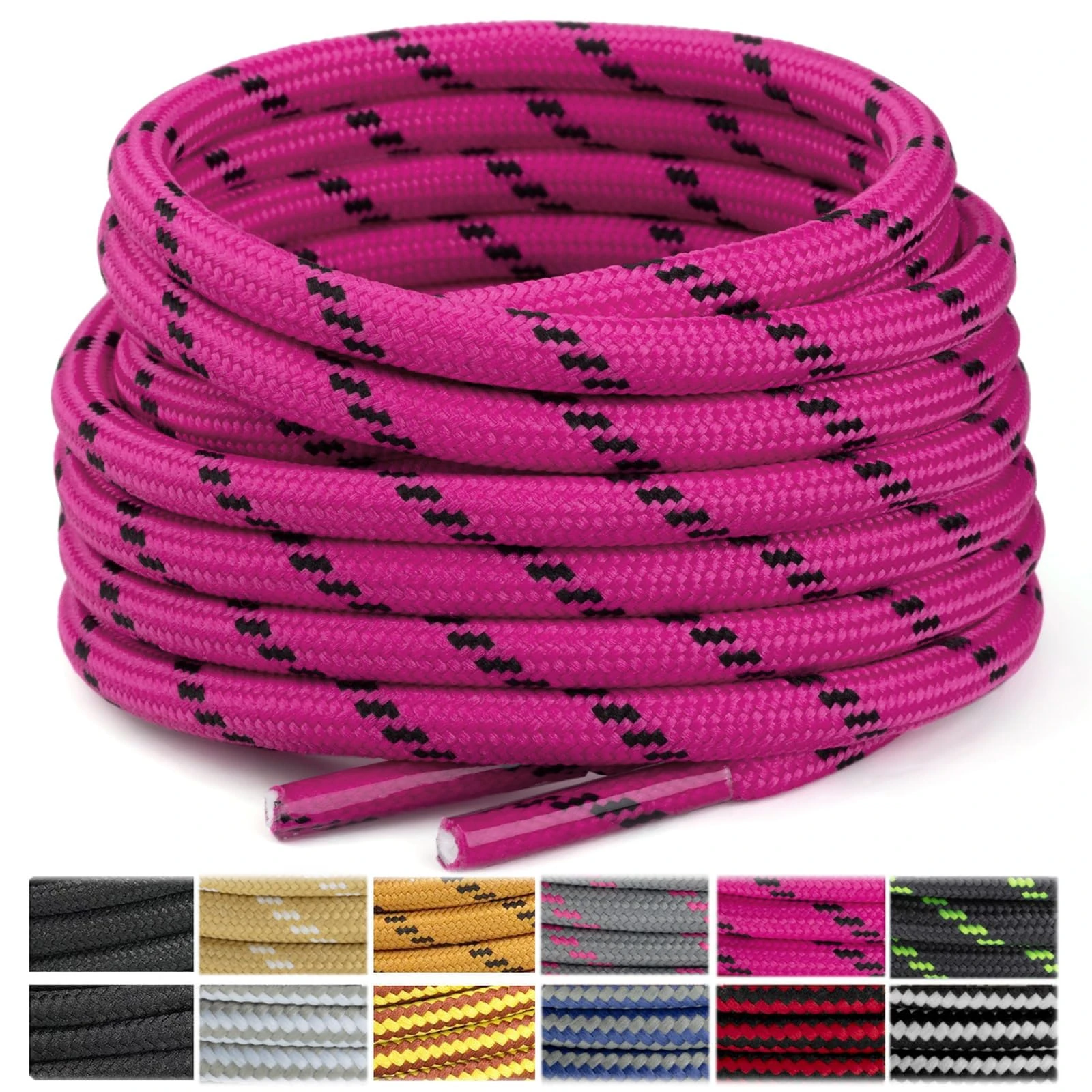 Stepace Round Shoelaces [2 Pairs] Heavy Duty Boot Shoe Laces for Hiking Work Boots Hot Pink Black -140(Dots)