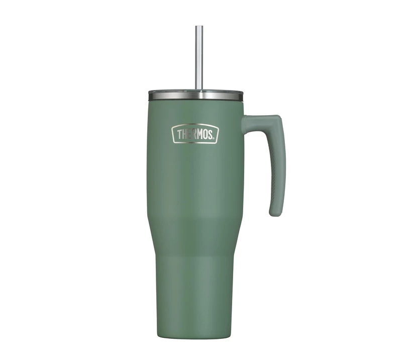 Thermos Refreshing Series Insulated Drinking Cup 1.1 L Matte Green Tumbler with Straw and Handle for Travel, Work or Home, Tasteless Double-Walled Stainless Steel