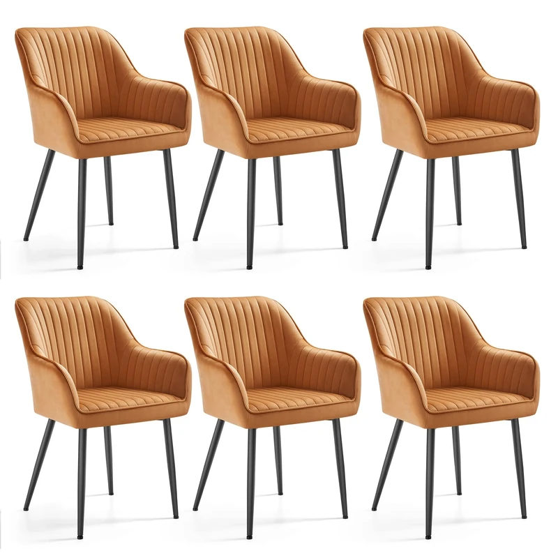 SONGMICS Dining Chairs Set of 6, Kitchen Chairs, Velvet Armchairs, Upholstered with Armrests, Max. Load 120 kg, Metal Legs, for Dining Room, Lounge, Caramel Brown and Ink Black LDC087KN01-6J