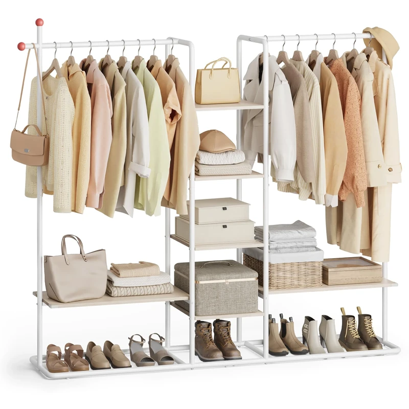 SONGMICS HOME Clothes Rail, Clothes Rack with Shoe Shelf, Heavy-Duty Storage Rack, 6 Storage Shelves, 2 Hanging Rails, Matchstick-Shaped Hooks, Natural Beige and Matte White RGR012K01
