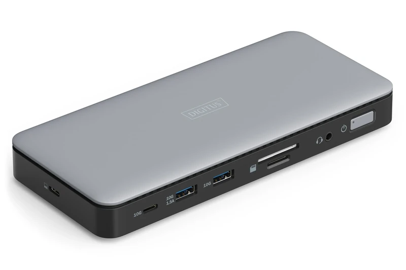 DIGITUS USB-C docking station - 11 ports - 2x HDMI, 1x Displayport UltraHD 4k/60Hz - 2x USB-A 3.2 Gen2, 1x USB-C 3.2 Gen2-1x RJ45 - Dual card reader - 1x 3.5mm audio - Grey
