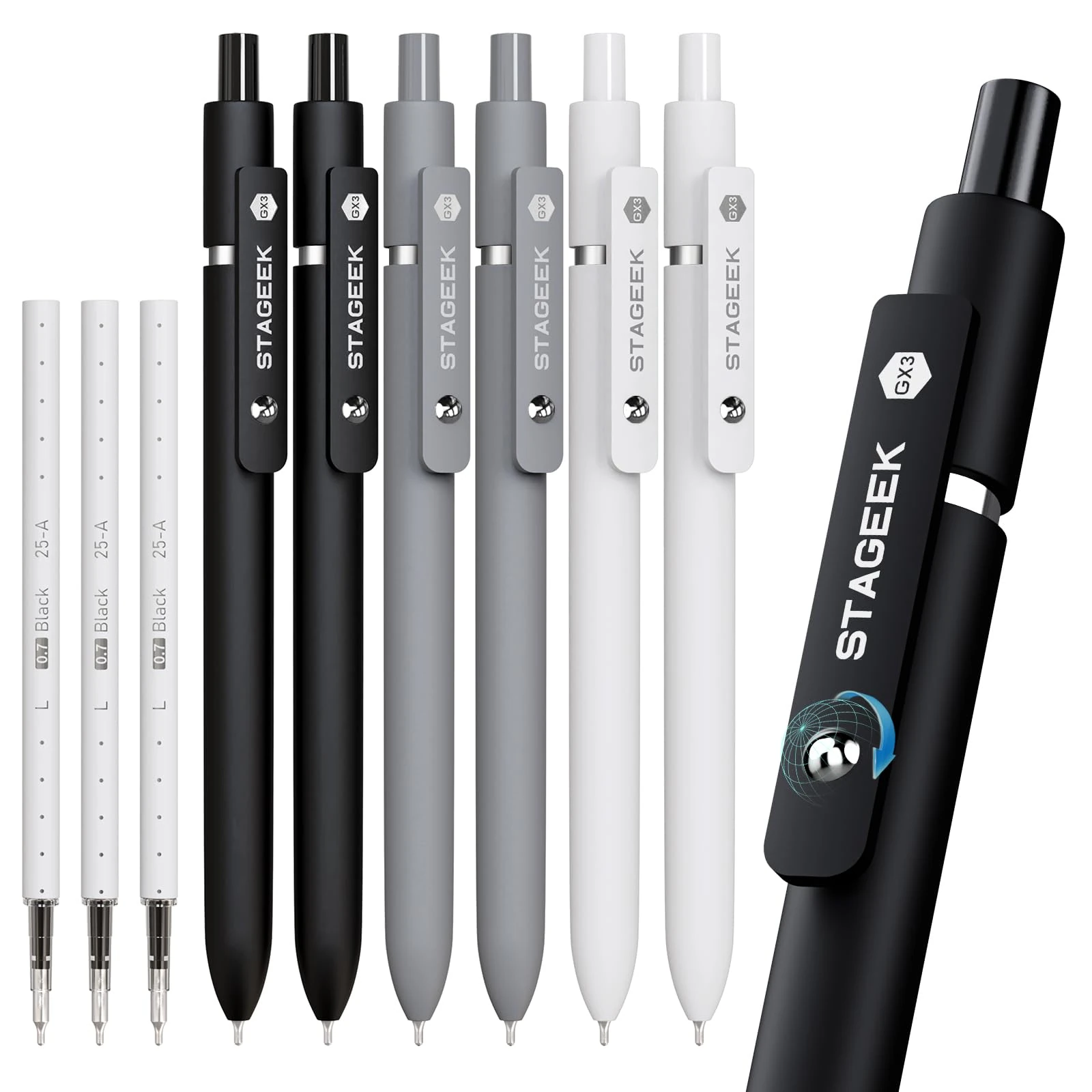 STAGEEK Black Gel Pens, 6Pcs Fine Point Smooth Writing Pens with 3 Extra Refills, Quick Dry Black Ink Pens for Journaling, Office, Note Taking, School Supplies, Nurse Aesthetic(Black Gray White)