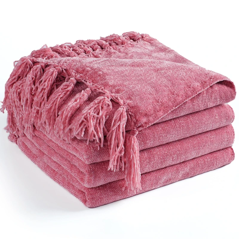 LONG CREATE Chenille Throw Blanket for Couch 50"X 60", Soft Cozy Throws with Fringe Tassel for Bed Sofa Chair Cover, Lightweight Knitted Decorative Boho Blankets for Living Room, Rose Pink