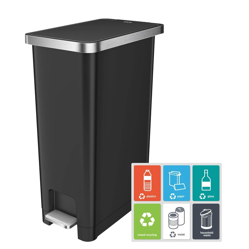 EKO Hana 45L Kitchen Pedal Bin, Step Rubbish Bin with Built-In Wheels for Kitchen & Household Use (Black)