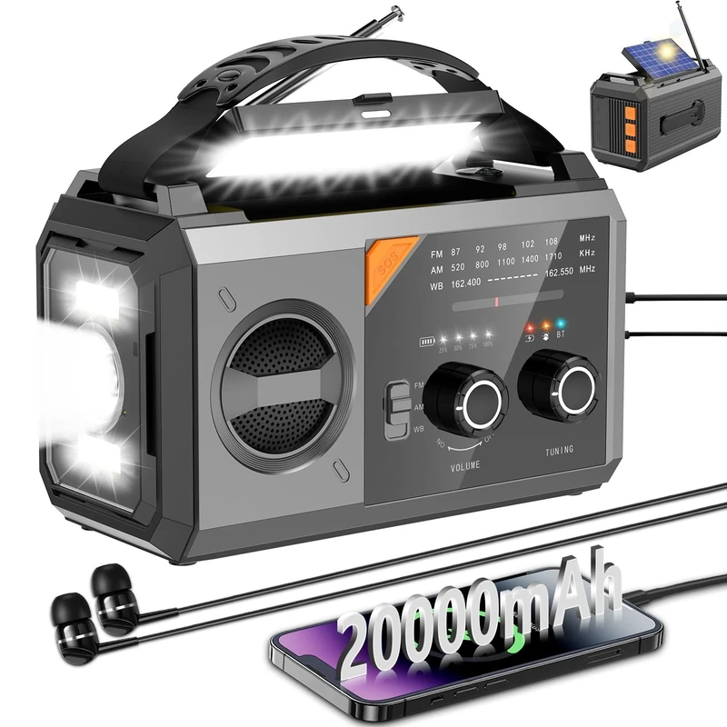 20,000 mAh Emergency Weather Radio, Weather Alert Radio, Hand Crank, Solar Radio, Portable AM/FM/NOAA Radio, Rechargeable, Battery Operated Radio, 3 Charging Methods, SOS Alarm