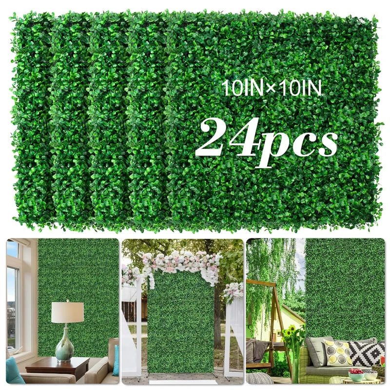 AOKIIE 10"X10" Artificial Grass Wall Panels, 24pcs Boxwood Hedge, UV-Resistant, Green, Natural Style, Polyethylene Material, Easy Assembly, Privacy Screen for Indoor/Outdoor