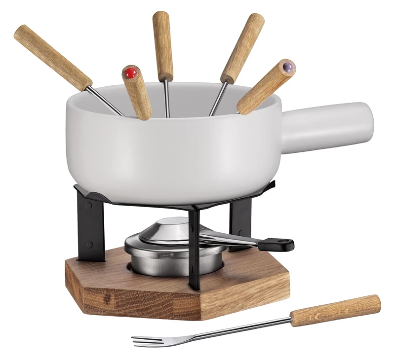 Spring 2896405920 Cheese Fondue Set, Ceramic Oak Wood Stainless Steel