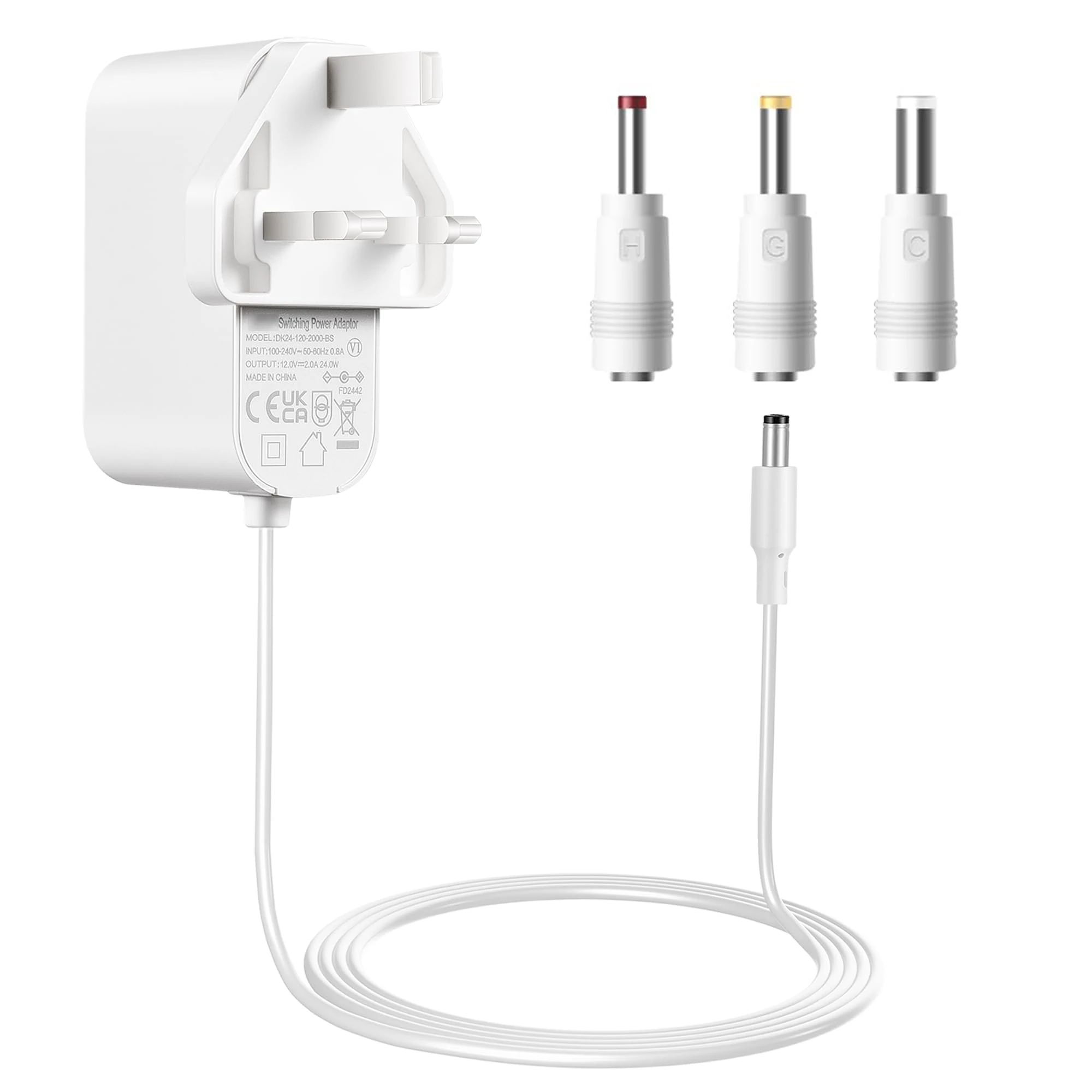 Tonton 12V DC Power Supply Adapter 1.8M(6ft), 2A 1A 24W AC/DC Power Adapter Cord, Power Plug DC Male 5.5x2.1mm with 8 Tips for LED Strip Light, CCTV Camera, BT Speaker, GPS, Webcam, Router (White)