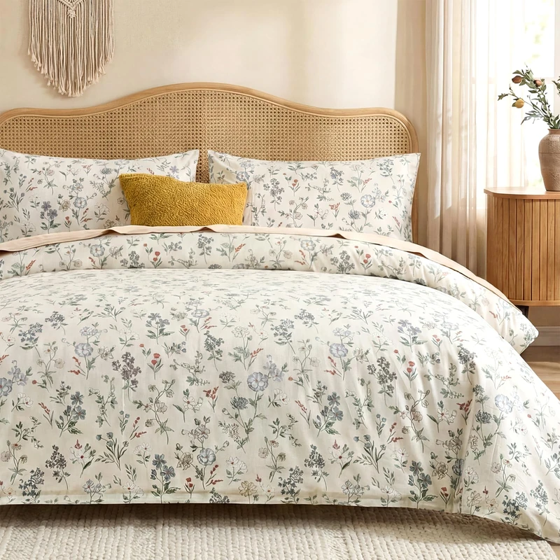 Cozaline Floral Duvet Cover Set King Size 100% Cotton Green Floral Comforter Cover 3 Pcs Lightweight Soft Aesthetic Floral Bedding Sets