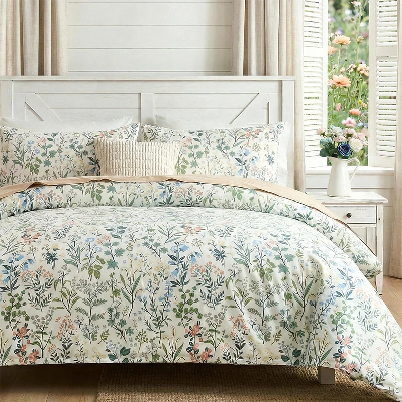 Cozaline Duvet Cover Queen Size 100% Cotton Comforter Cover Green Floral Breathable Duvet Cover with Zipper Closure & Corner Ties 3 Pcs Green Fragrant Grass Duvet Cover Set