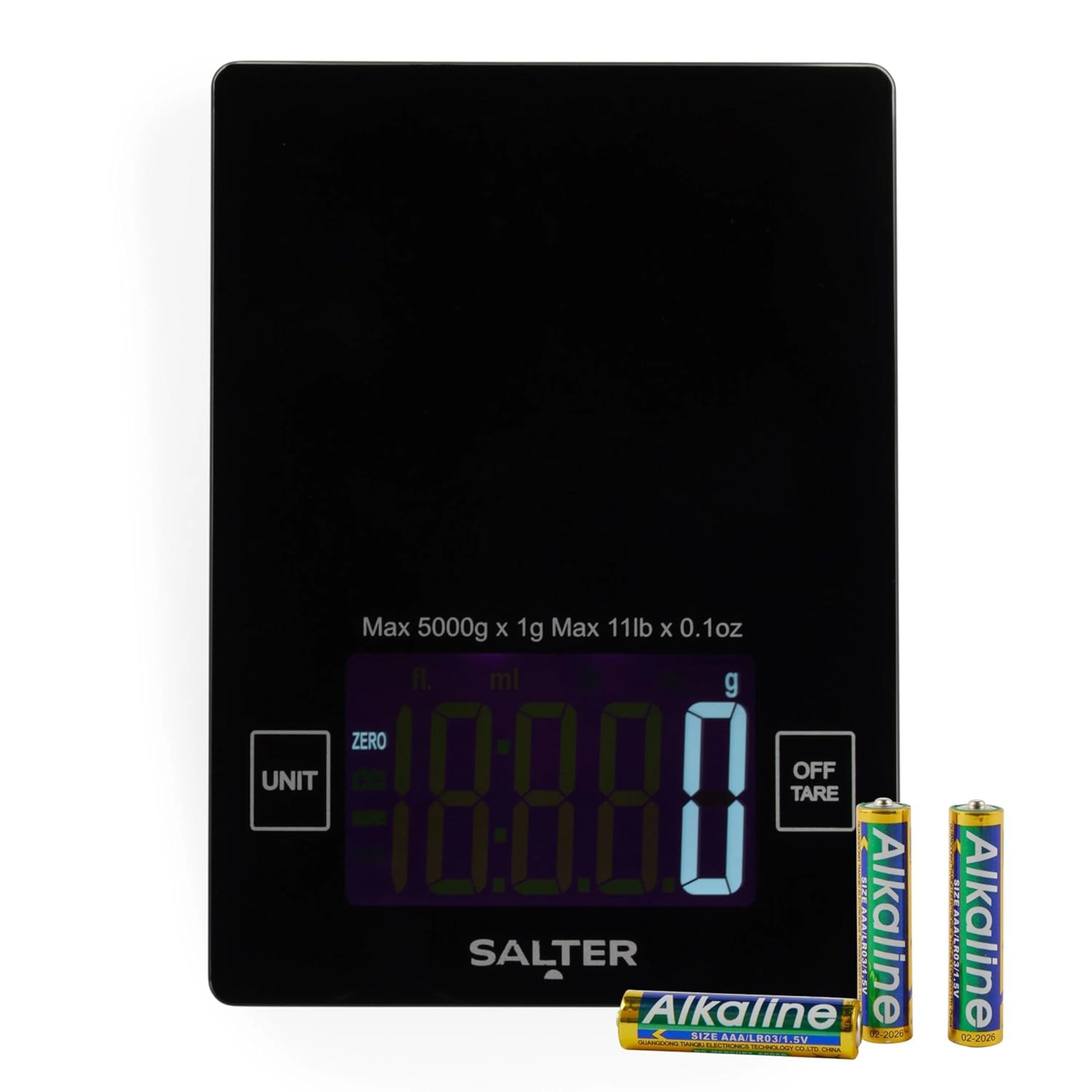 Salter High-Capacity Kitchen Scale – 10kg Capacity, Large Digital Display, Add & Weigh Zero Function, Measures Liquids, Slim Glass Platform, Food Scale, Electronic Cooking/Baking Scale