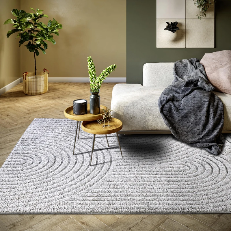 ELLE Decoration Panglao Modern Deep-Pile Rug - Living Room Rug Fluffy - High-Low Effect Skandi Boho Geometric Waves Arch - for Living Room, Bedroom, Kitchen - Light Grey, 160 x 235 cm - Image 1