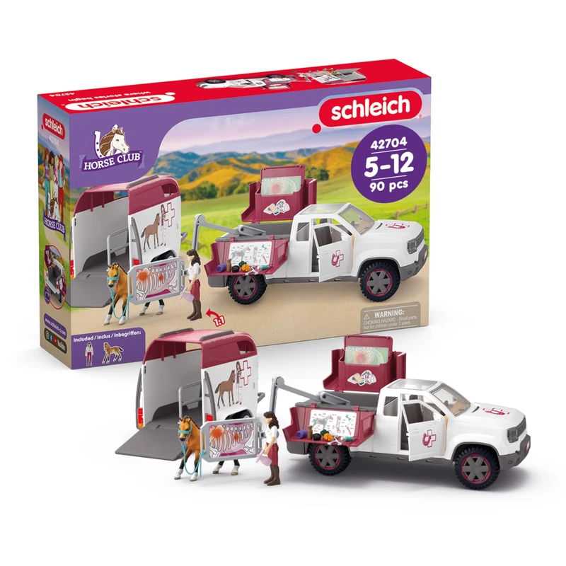 SCHLEICH Horse Club - 90 PC Mobile Vet with Trailer Playset - Includes Toy Horse Figurine, Poseable Veterinarian Figure, Moveable Truck and Accessories - Interactive Play Toys for Kids Ages 5+| 42704