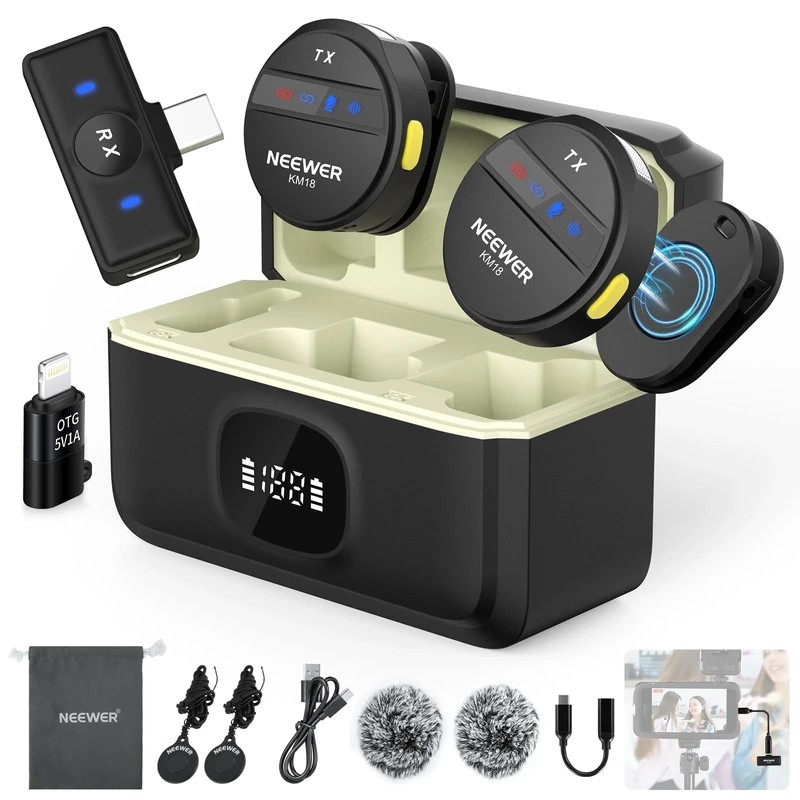 NEEWER Wireless Lavalier Microphone System Compatible with iPhone Android Phone PC Laptop Computer, Noise Cancelling Mini Lapel Mic Set with USB C OTG Charging Case 24H Battery 200m Long Range, KM18