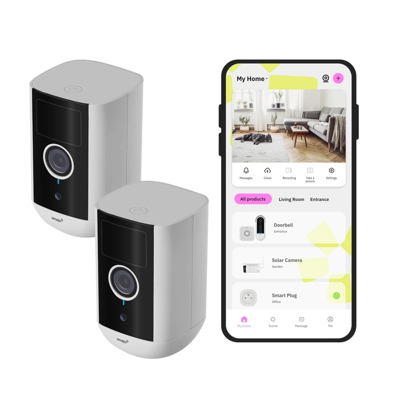 OMAJIN by Netatmo, Pack of 2 Wireless Security Cameras, Indoor & Outdoor, 2K, 140° Viewing Angle, IP65 Waterproof, 64GB SD, Cloud Storage, Motion Detection, 9600mAh Battery, OBU-2OWC