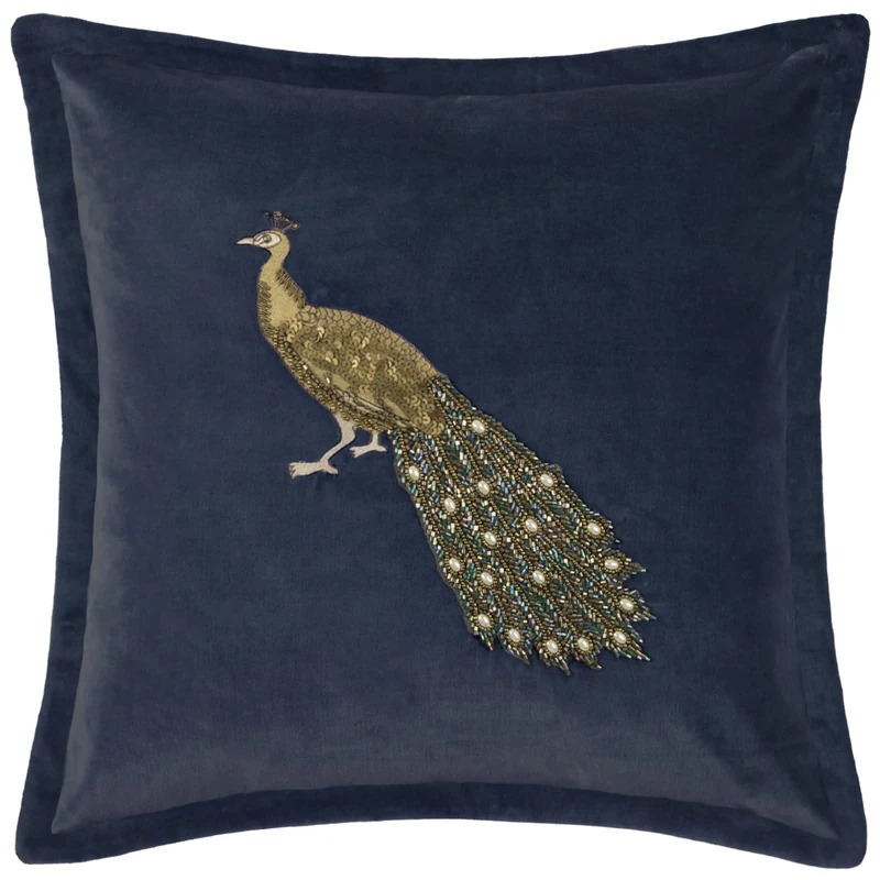 Voyage Maison Mayura Feather Filled Cushion – Velvet Embroidered Peacock Oxford Edge Anahita Luxury Décor (Midnight - 55x55cm)