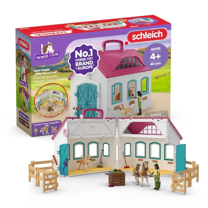 SCHLEICH Horse Club - 60PC Little Horseshoe Open Stable Playset - Easy Carry Set with 2 Horse Figurines, Action Figure, Stable and Accessories - Toy Horses for Girls and Boys - Kids Ages 4+ | 42703