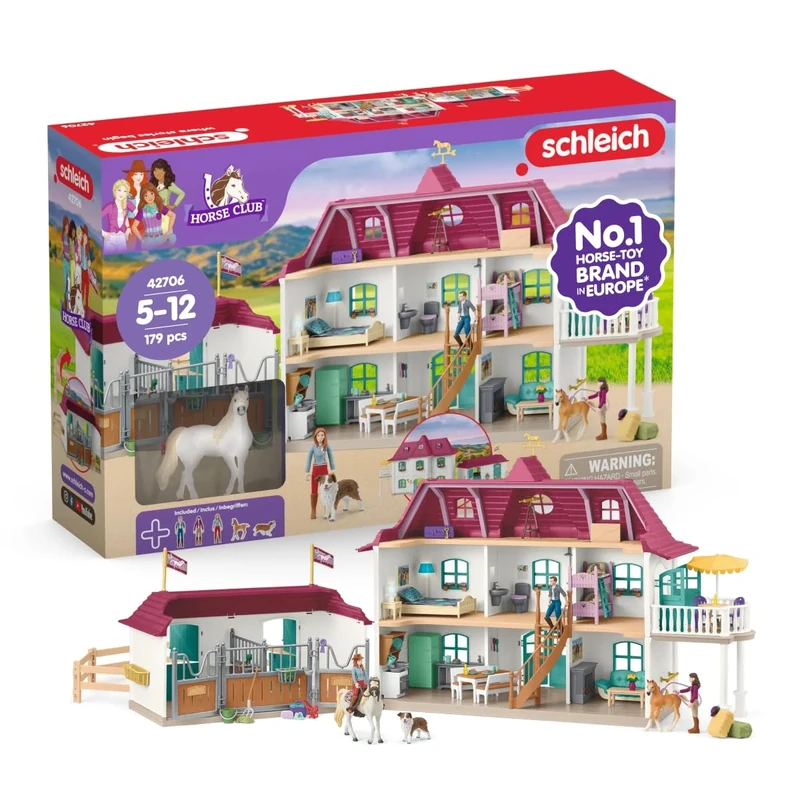 SCHLEICH Horse Club - 179 PC Lakeside Country House and Stable Playset with Horse Figurines, Poseable Characters and Accessories - Realistic Farm Toys for Girls and Boys - Kids Ages 5+ | 42706