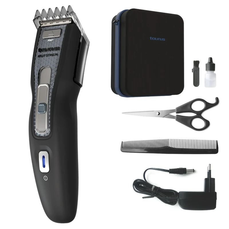 Taurus - Nixus Titanium Hair Clipper | 8000 RPM | Titanium Blades | Safe Cut Button | with/Without Cable | 60 Min Autonomy | Adjustable Guide Comb 1-18mm | Quick Charge 1.5h | Case and Accessories