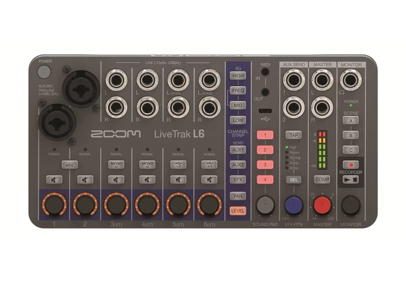 Zoom LiveTrak L-6 (EU Version) Portable 10-track digital mixer, multitrack recorder and interface, XLR/TRS, 32 bit, delay, echo, reverb, compressor, live streaming, grey