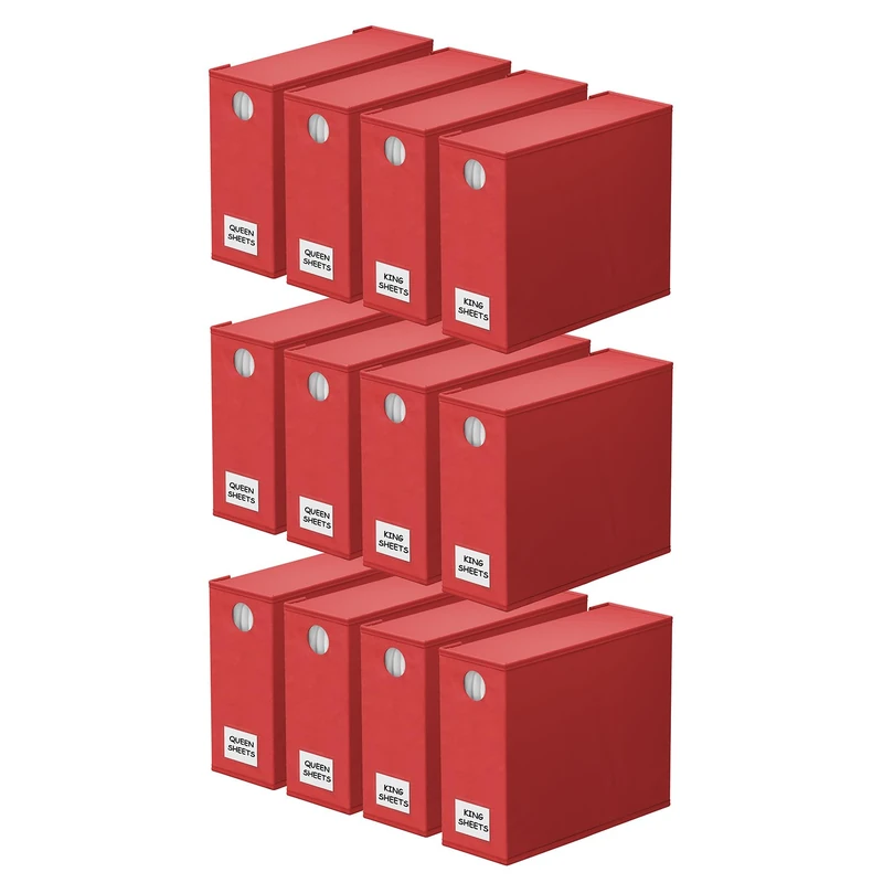SpaceAid 12 Pack Bed Sheet Organizers and Storage, Foldable Organizer for Linen Closet, Set Folder Keeper With Window XL (Queen & King Size) Bedding Container (Red)