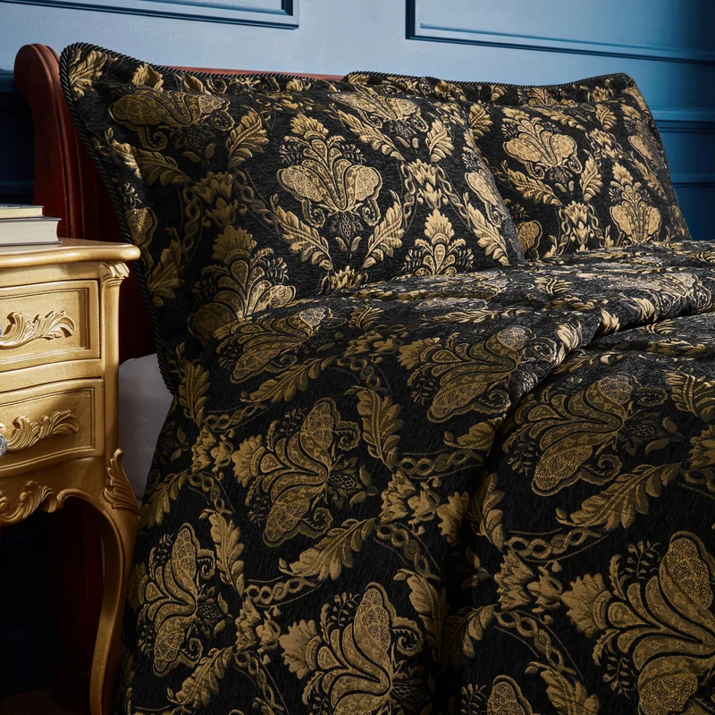 Paoletti Shiraz Bedspread – Luxurious Embroidered Floral Damask Jacquard Coverlet Bedding (Black – 275x275cm)