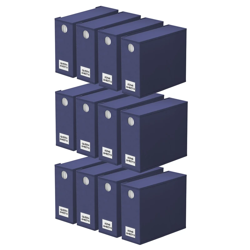 SpaceAid 12 Pack Bed Sheet Organizers and Storage, Foldable Linen Closet Organizer, Set Folder Keeper With Window XL (Queen & King Size) Bedding Container (Navy Blue)