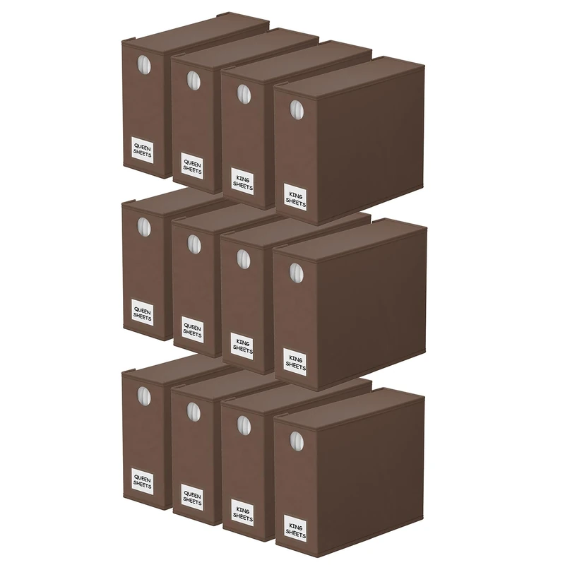 SpaceAid 12 Pack Bed Sheet Organizers and Storage, Foldable Sheet Organizer for Linen Closet, Sheets Set Folder Keeper with Window XL (Queen & King Size) Bedding Container (Brown, 12 Pack)