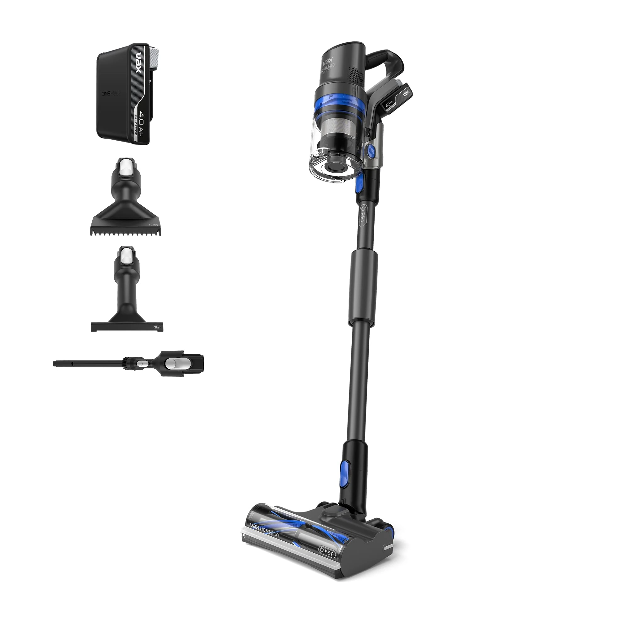 Vax HomePro Detect Pet Cordless Stick Vacuum Cleaner, Powerful, Bagless Handheld, up to 45 Minutes Runtime, Home, Car, Pet Tool Attachments, Battery and Charger, 360W, 3.5kg, Graphite/Blue CLSV-HPTP