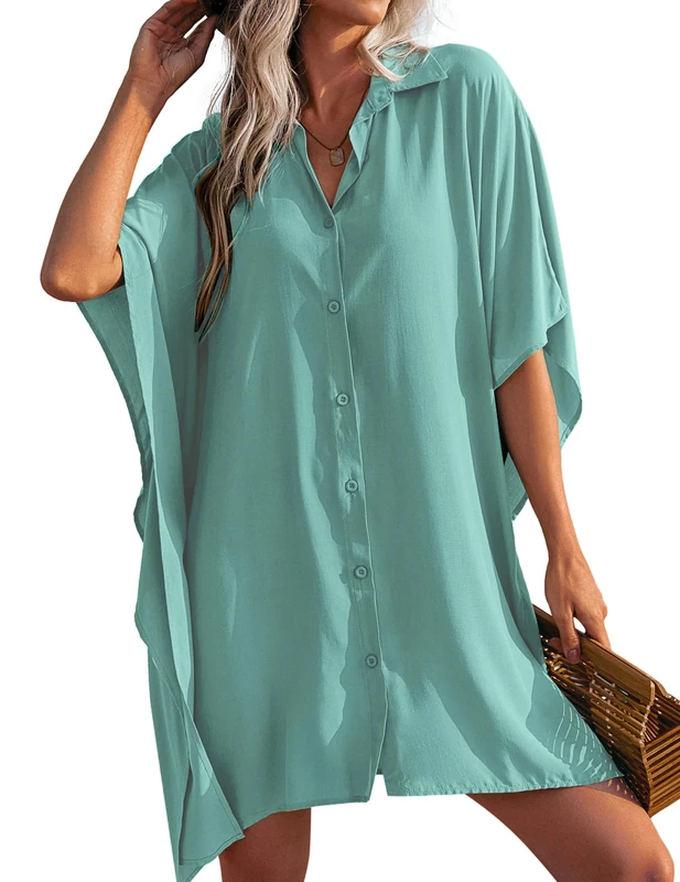 AI'MAGE Women Swimsuit Cover Up 3/4 Sleeve Beachwear Bikini Coverups Button Down Oversized Cover Up Shirt Green S