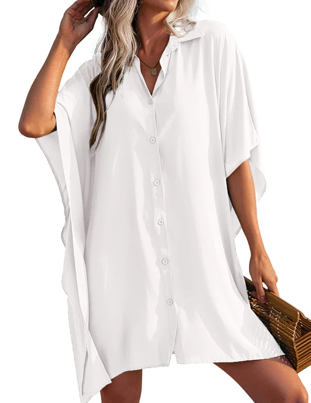 AI'MAGE Women Swimsuit Cover Up 3/4 Sleeve Beachwear Bikini Coverups Button Down Oversized Cover Up Shirt White S