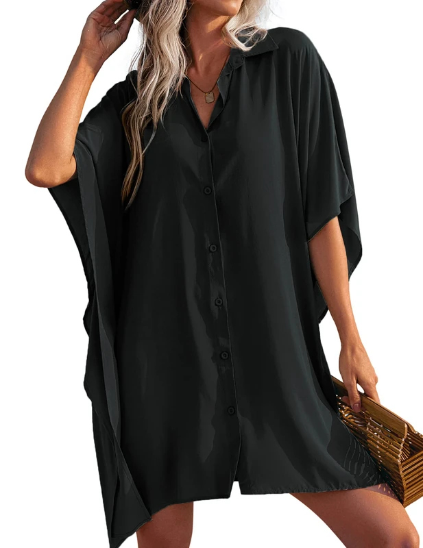 AI'MAGE Women Swimsuit Cover Up 3/4 Sleeve Beachwear Bikini Coverups Button Down Oversized Cover Up Shirt Black S