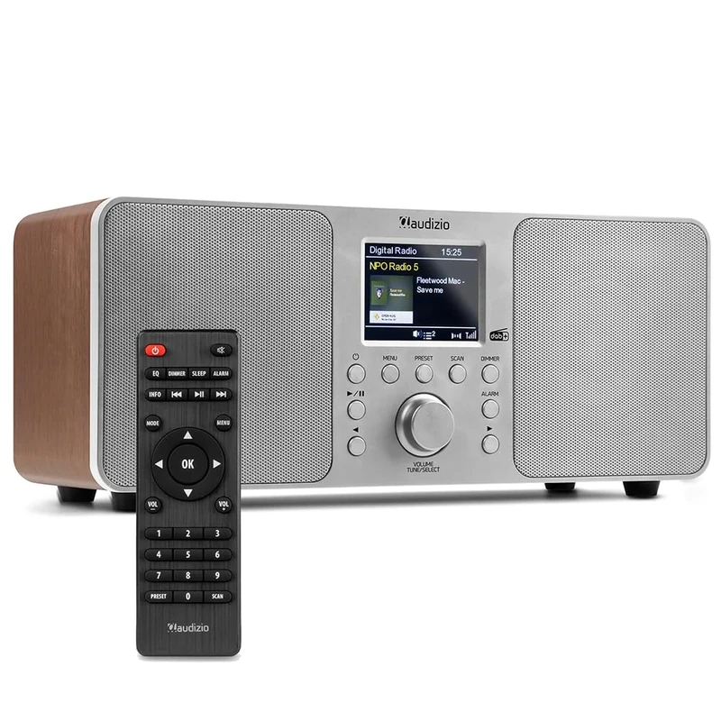 Audizio Genua DAB Digital Radio with Bluetooth, Wireless Streaming, Dual Alarm Clock Function, DAB+, FM Radio, USB Playback, Colour Display, Remote Control, Stereo Speakers 50W – Aluminium Silver