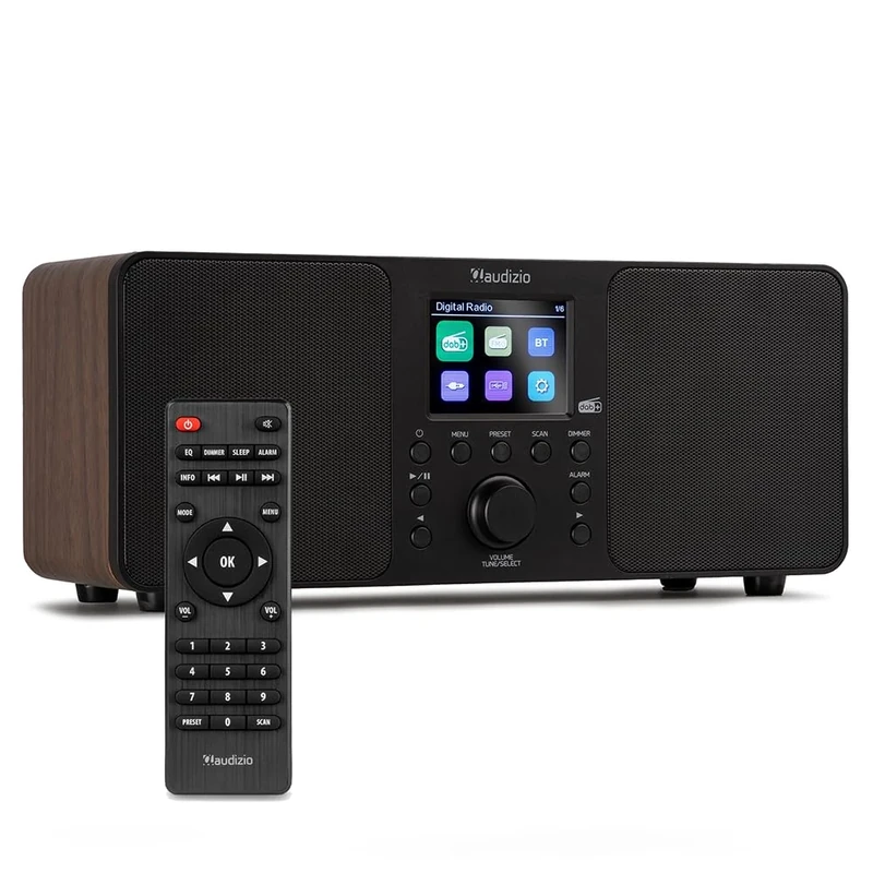 Audizio Genua DAB Radio with Bluetooth, 50W Stereo Speakers, FM Digital Radio, 30 Preset Stations, DAB+, Dual Alarm Clock, Remote Control, USB MP3 Playback, Wood Finish