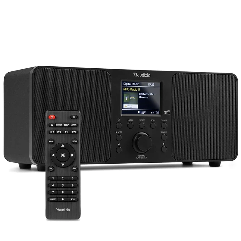 Audizio Genua DAB Digital Radio with Bluetooth, Powerful 50W Stereo Speakers, DAB+, FM & USB Playback, Dual Alarm, Sleep Timer, Remote Control & Colour Display—Mains Powered, Compact Black Design